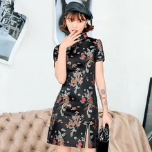 Abito in raso femminile cinese elegante Slim Plus Size Qipao colletto alla coreana abiti Vintage Cheongsam abito formale Sexy con spacco alto