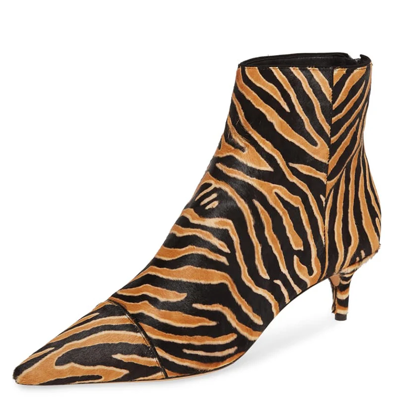 Ботильоны с принтом тигра; женские ботинки с острым носком на среднем каблуке «рюмочка»; модная женская обувь на молнии; большие размеры 10, 15; Shofoo