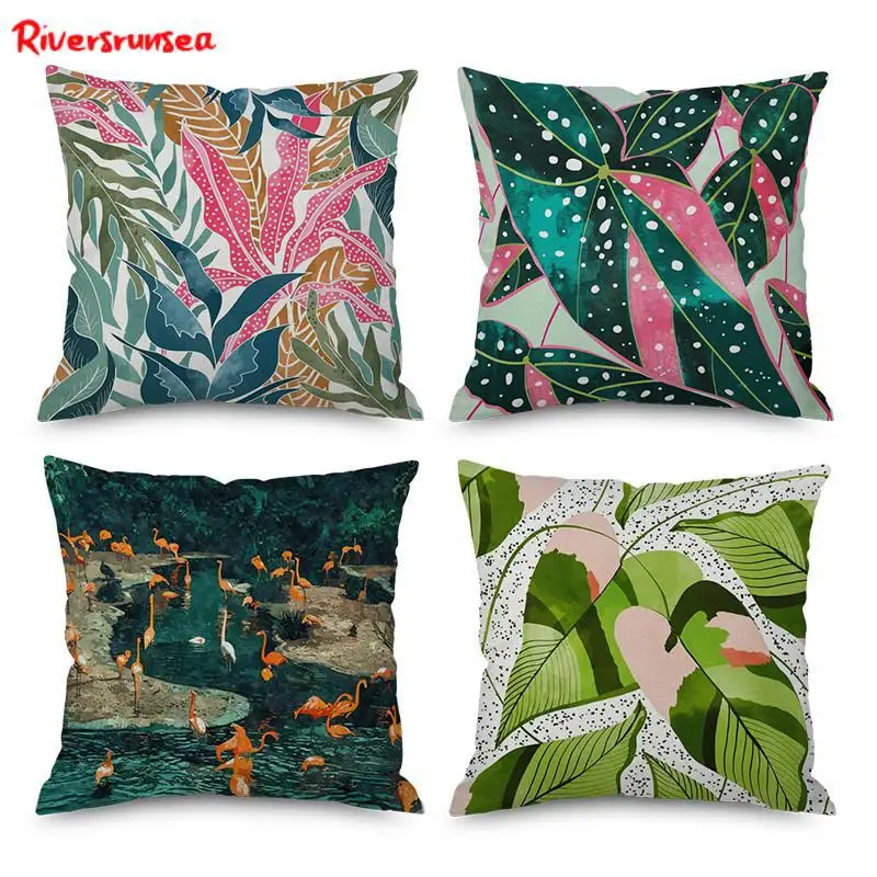 

Nordic Style Tropical Plant Leaf Pillow Watercolor Pink Flower Flamingo Green Leaves Printed Chair Backrest Cushion For Office