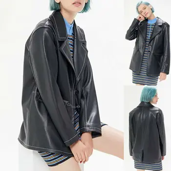 

Autumn Winter Women Black Leather Jacket Ladies Fashion Casual Loose Long Coat