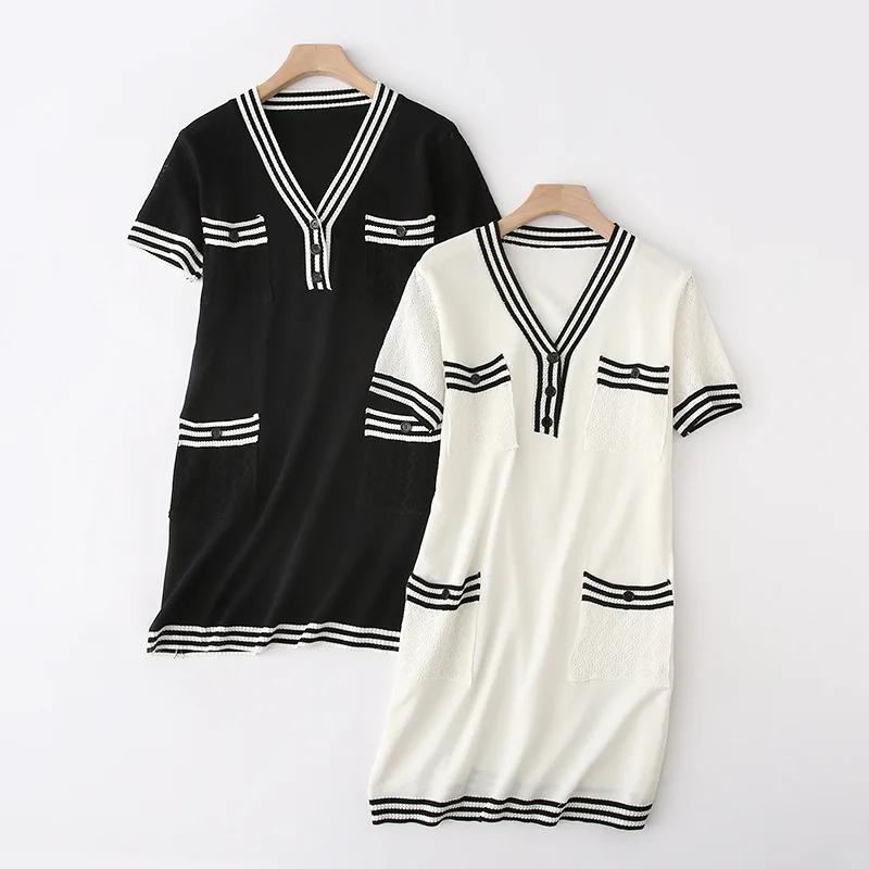 

A Generation of Elegant Knitted Dress Graceful Black And White with Pattern Skirt Contrast Color Slimming Short-sleeve Dress Chi