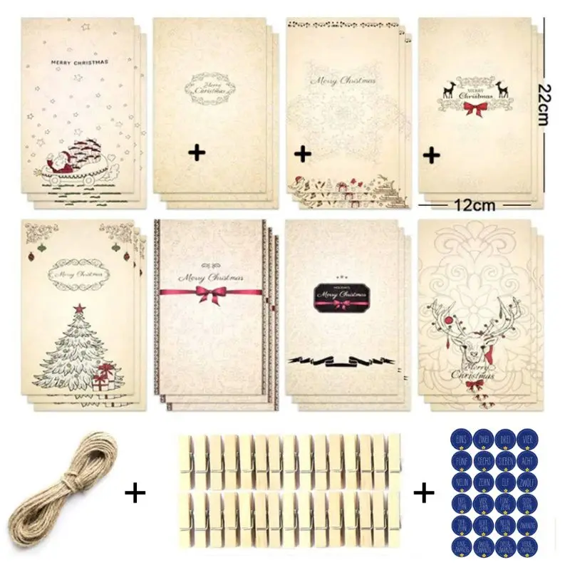24 шт. Адвент рождественские календари крафт-бумажный пакет для конфет с наклейками зажимы веревка