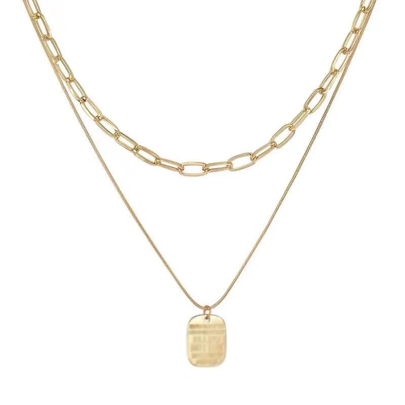 Stainless steel Double Chain Letter Square Pendant Short Necklace For Woman Korean Fashion Jewelry Gothic Girl's Choker Chain - Image 6