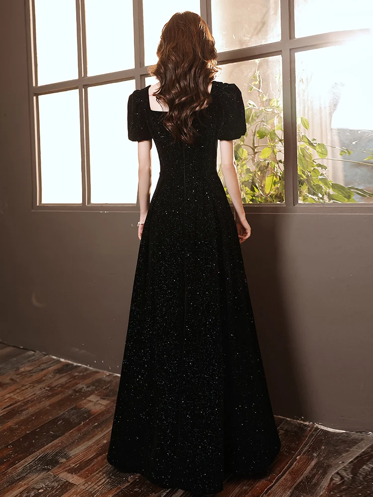 Velvet gown with ruffled skirt black 9G010 – RASARIO