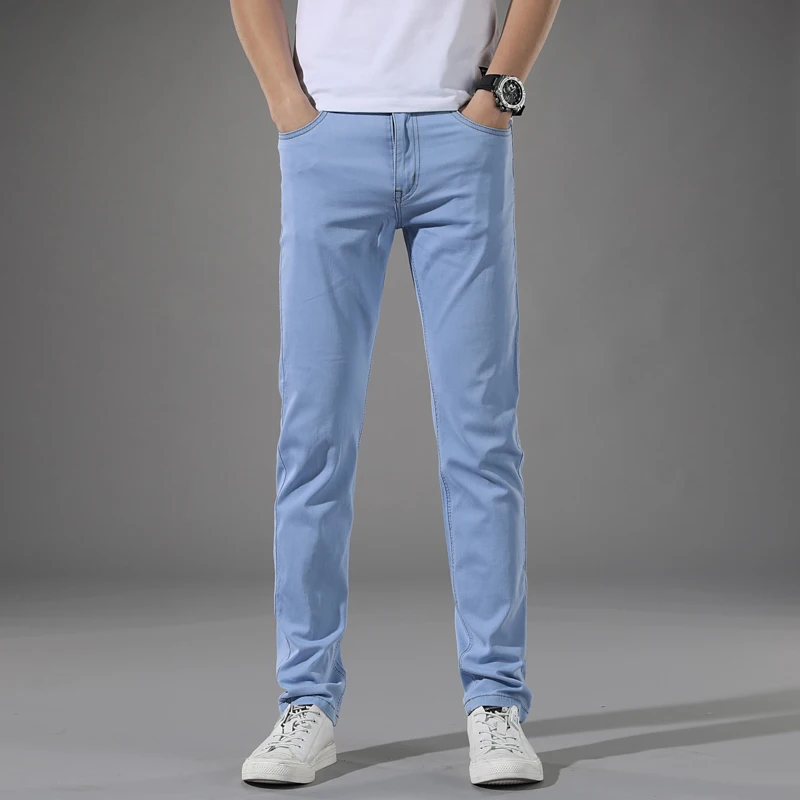 2020 New Men's Classic Style Jeans Business Casual Stretch Slim Denim Pants Light Blue Trousers Male Brand man Straight trousers | Мужская