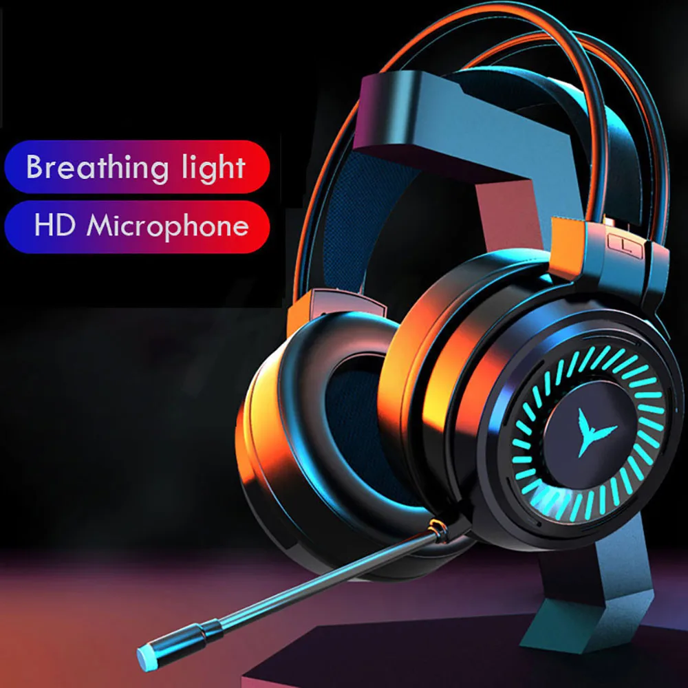 Kowkaka Gaming Headset Gamer Headphones Surround Sound Stereo Wired Earphones USB with Mic Colourful Light for PC Laptop Headset