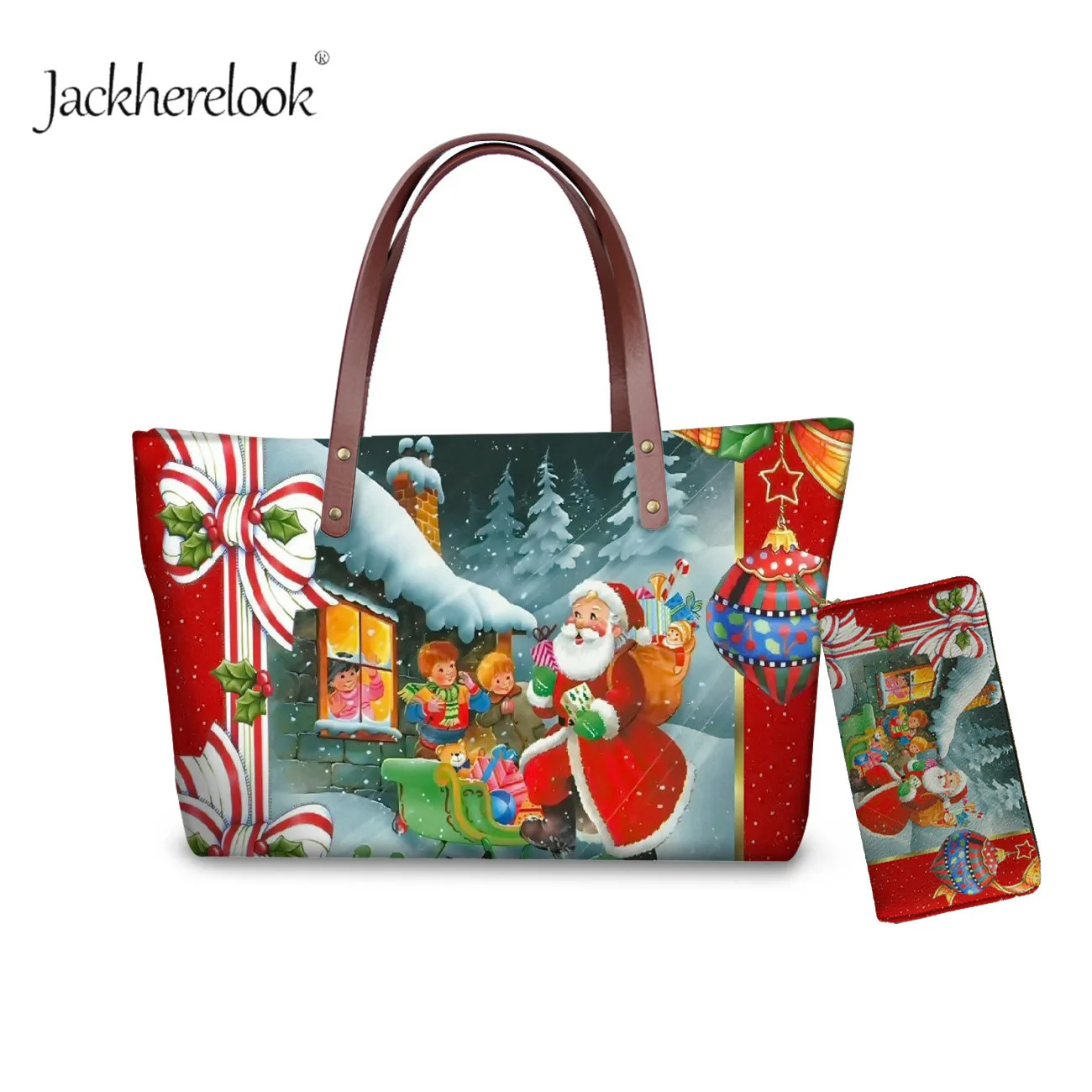 Jackherelook Fashion Christmas Pattern Wallet & Handbag set for Women Santa Claus Design Purse and Tote Ladies Leather Hand Bag