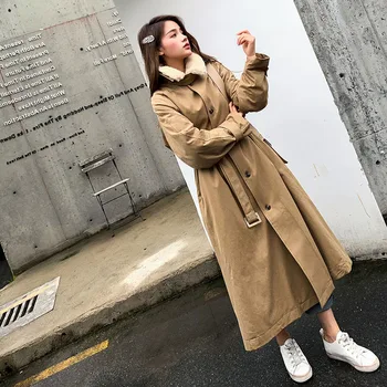 

Photo Shoot 2019 Winter New Style Rabbit Fur Collar Cotton-padded Clothes Women's Korean-style Loose-Fit Long Lace-up Windbreake