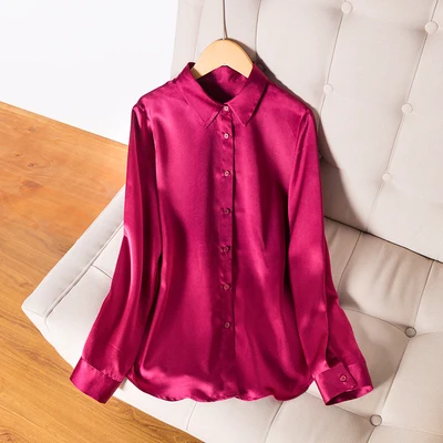 SuyaDream, женская простая шелковая блузка, шелк, атлас, длинный рукав, отложной воротник, офисные блузки,, Весенняя рубашка - Цвет: Wine