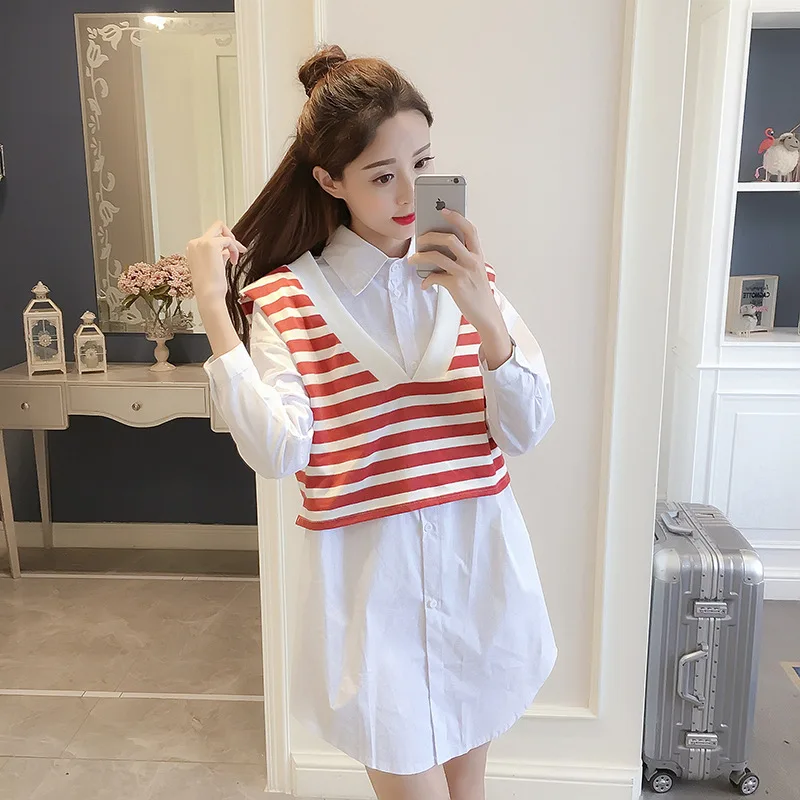 

Autumn Korean-style Stripes Multicolor Vest Waistcoat Mid-length Long Sleeve White Shirt Two-Piece Women's