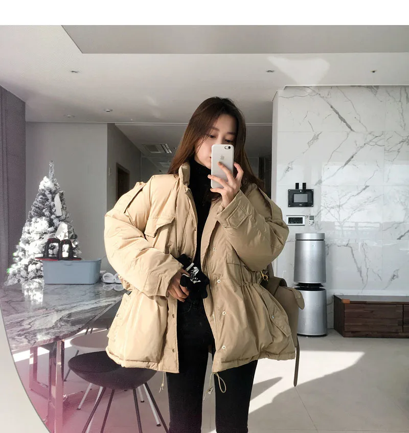 parka jacket women Korea Women Winter Thick Solid Cotton Parka Drawstring Slim Waist Overcoat Oversize Coat Jacket Zipper Outerwear with Pocket women's down coats & jackets