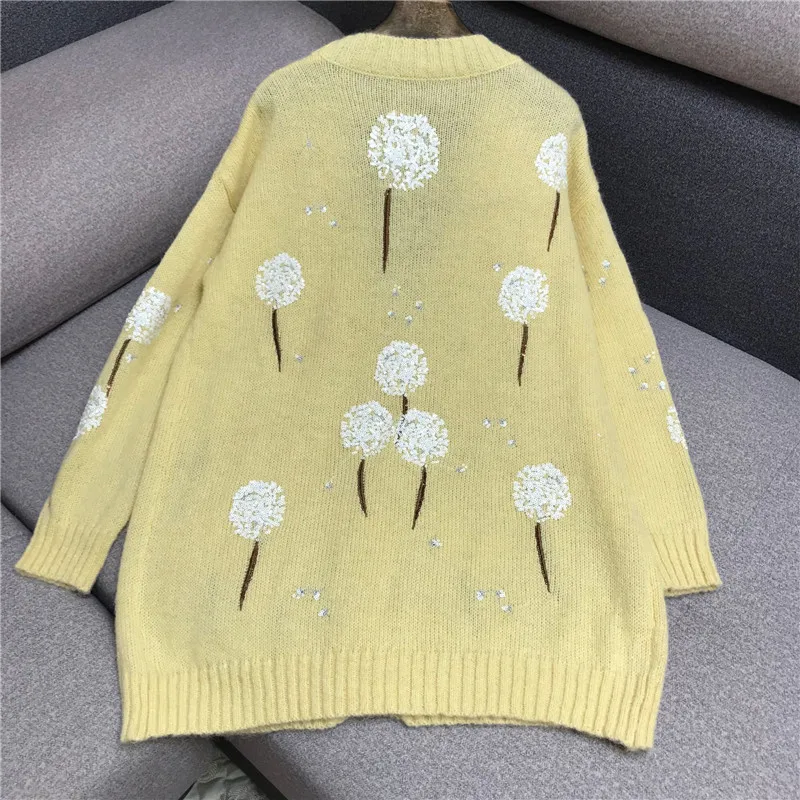 Роскошный брендовый вязаный свитер женский винтажный v-образный вырез Одуванчик расшитый блестками вязаный кардиган свитер стрикжаке hirka