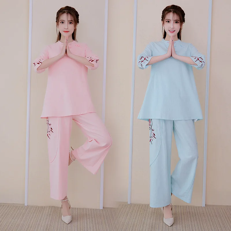 

2019 Spring And Summer New Style Zen Cotton Linen Yoga Clothes Stand Collar Three-quarter-length Sleeve Frog Hem Embroidery WOME