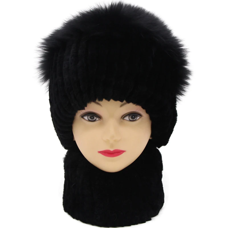 JKP Real Rex Rabbit Fur Set of Hat and Scarf for Women New Fashion Winter Real Fox Fur Hair Luxury Brand Hat and Scarf Set