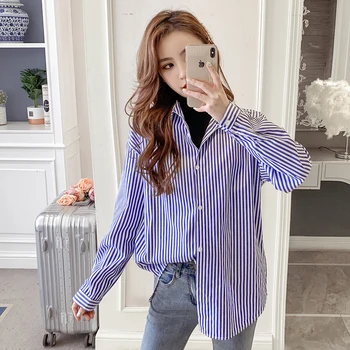 

COIGARSAM Casual Patchwork Shirt Womens tops New Brief Full Sleeve Chiffon Loose Turtleneck Women shirts Blue Black 7337