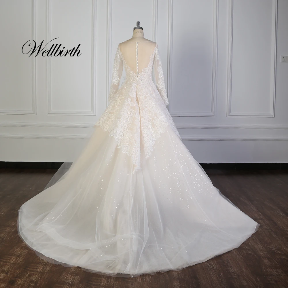 Реальное изображение Wellbirth Vestido de novia милое кружевное бальное платье трапециевидной формы с бисером свадебное платье с длинными рукавами TT006