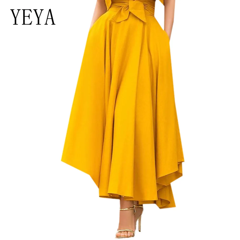 

YEYA High Waist Korean Style Flowy Casual Skirt Summer Elegant Pockets Ankle-length Red Yellow Orange Skirt Female Mujer Verano