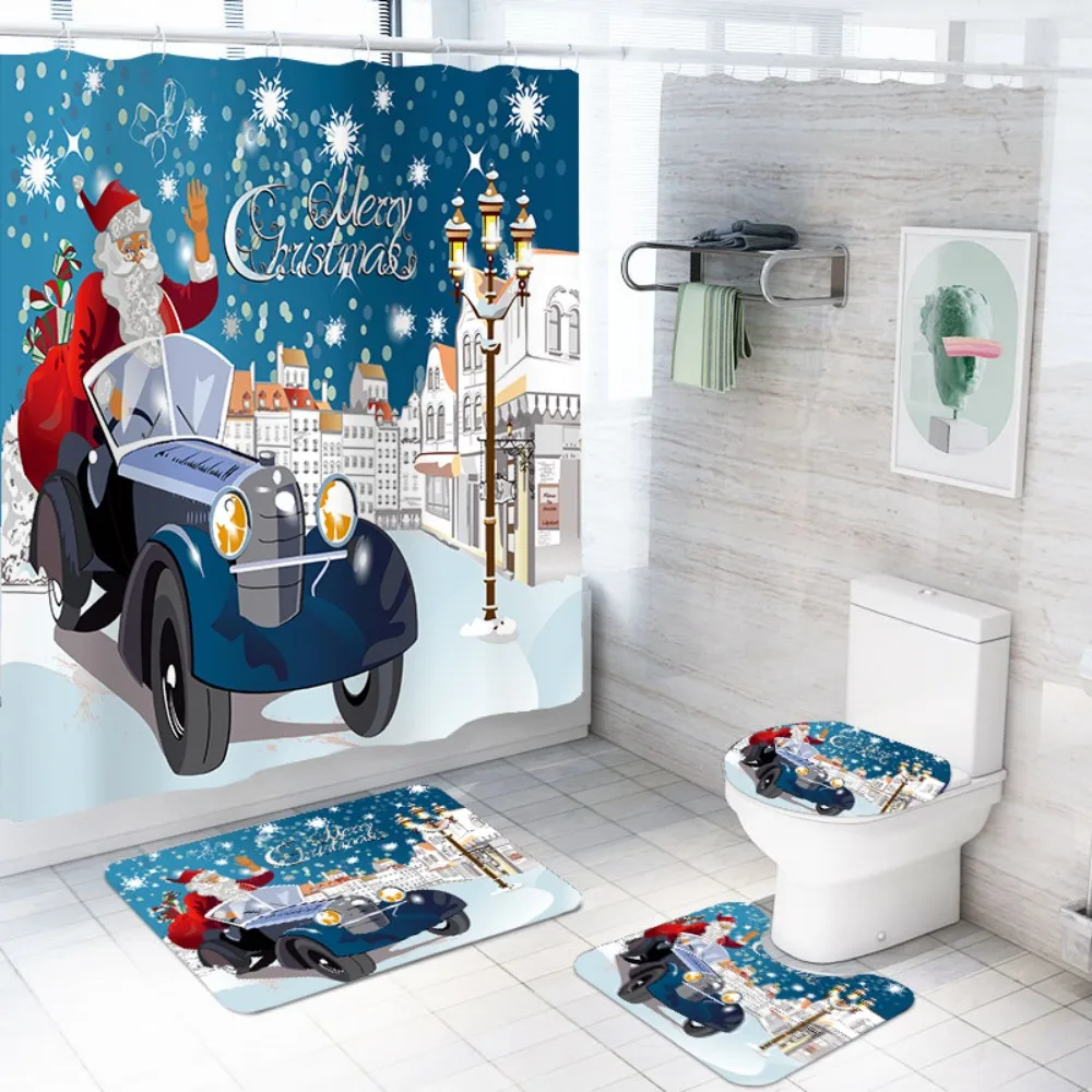 

Christmas Shower Curtains for Bathroom Santa Claus Snowflake Building Print Non-Slip Mats Toilet Lid Cover Rugs Polyester