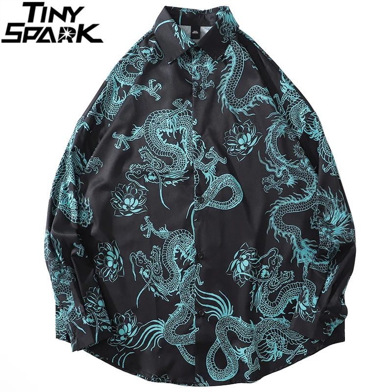 Oversize Shirt Dragon Long-Sleeve Harajuku Floral Streetwear Black Mens Hip-Hop Tops