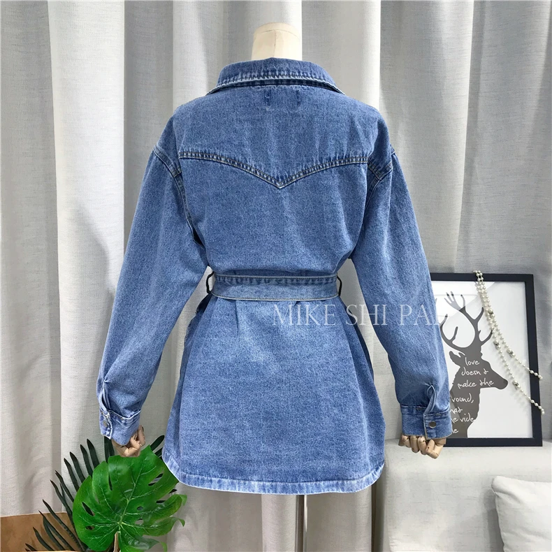 Корейская мода, однотонная Свободная джинсовая рубашка с поясом на талии, женская Свободная джинсовая рубашка средней длины, повседневные блузки для студенток