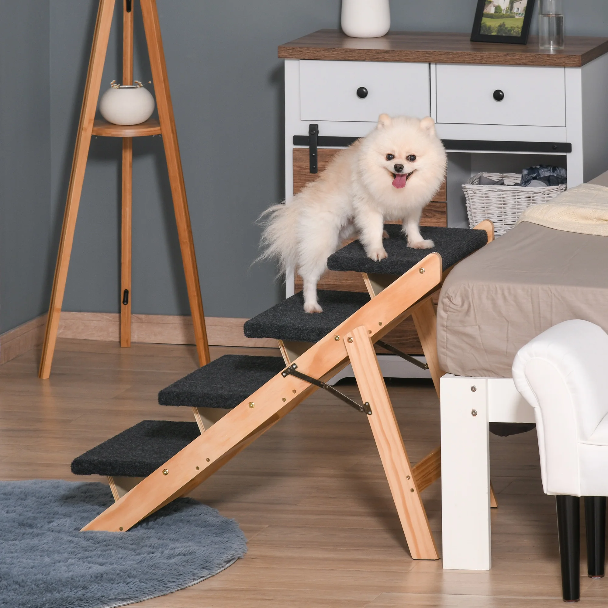 PawHut Wooden Pet Stairs 2 in 1 Convertible Carpeted Ramp Foldable 3 Level Ladder for High Bed Couch Car 