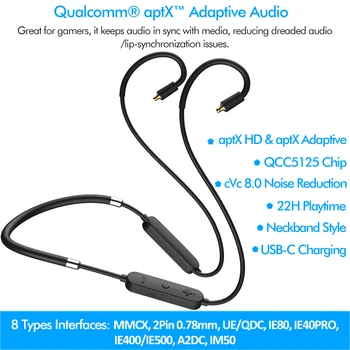 

QCC5125 APTX Adaptive APTX HD Bluetooth 5.0 Upgrade Cable MIC Type C AAC 2PIN 0.78mm MMCX IE40 PRO IE80S SE535 UE18 W4R A2DC