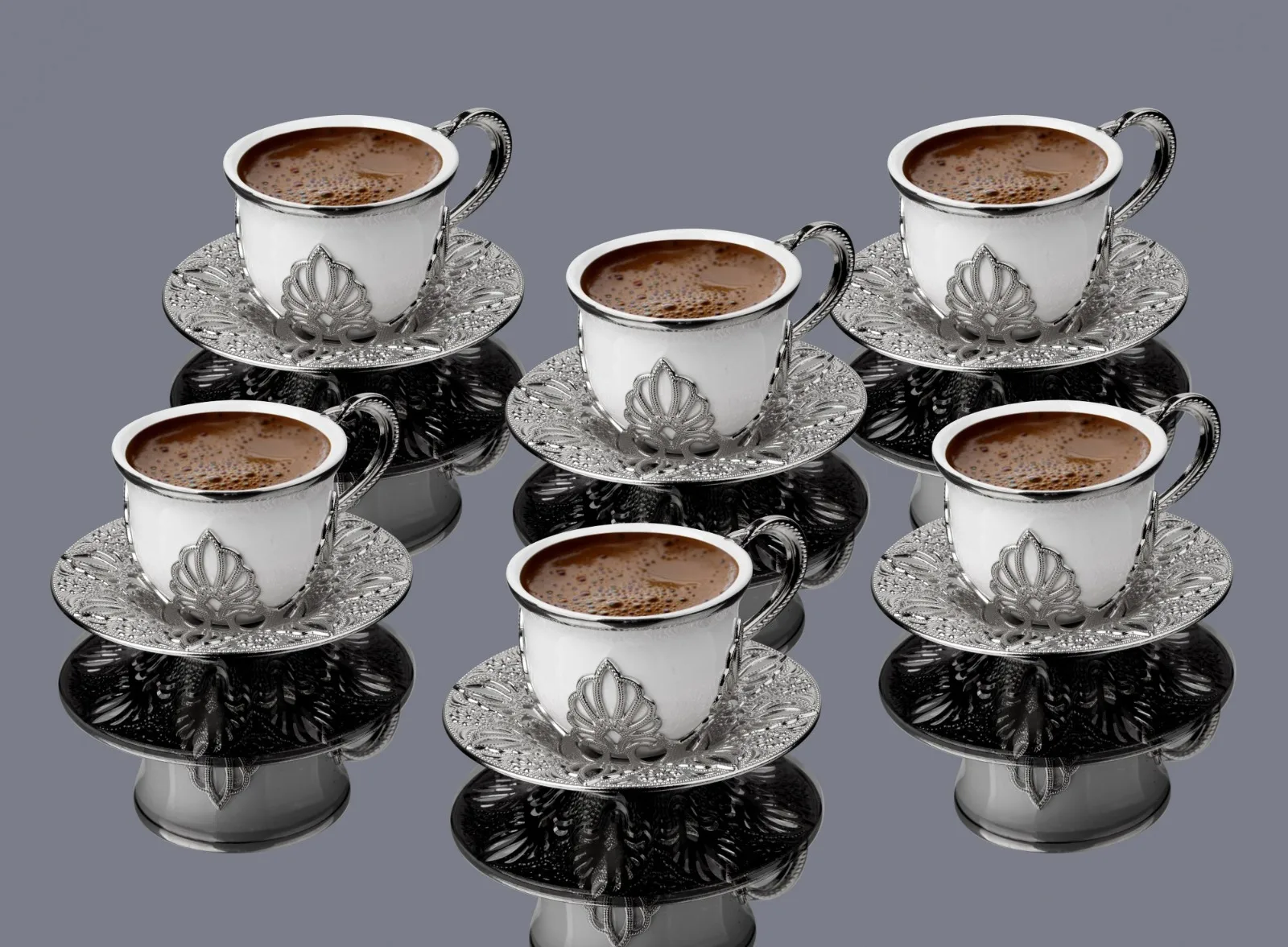 

Espresso Coffee Cups with Saucers Set of 6, Porcelain Turkish Arabic Greek Coffee Cup and Saucer, silver/White by LaModaHome