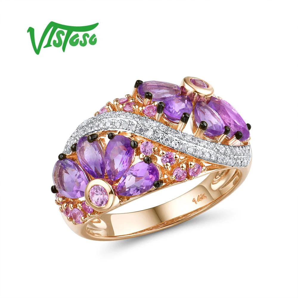 

VISTOSO Genuine 14K Rose Gold Ring For Women Shimmering Diamond Fancy Pink Sapphire Amethyst Fantastic Wedding Band Fine Jewelry