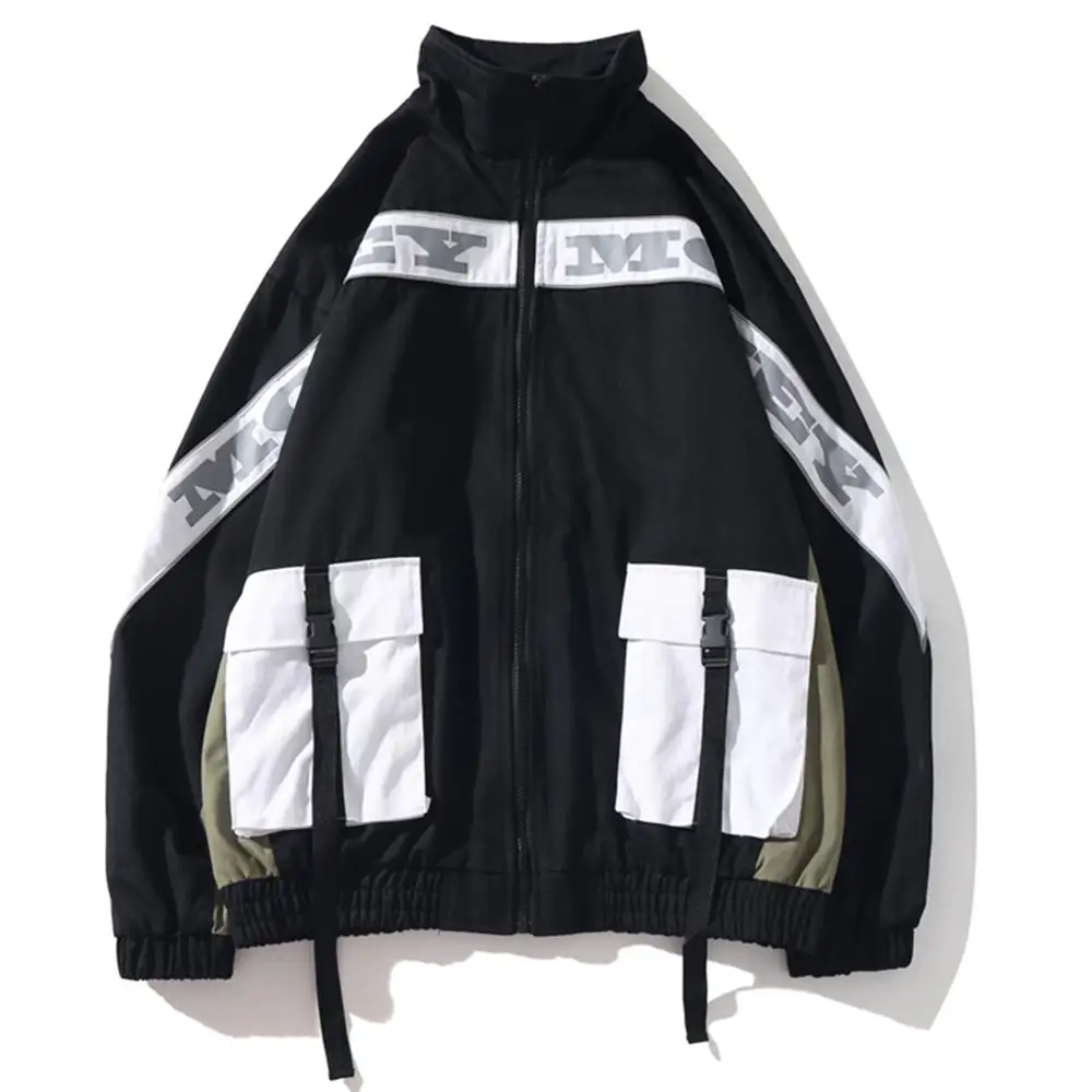 

LACIBLE Patchwork Ribbons Multi Pockets Men Hooded Cargo Jackets Harajuku Streetwear Overcoats Casual Male Zipper Jacket Coats
