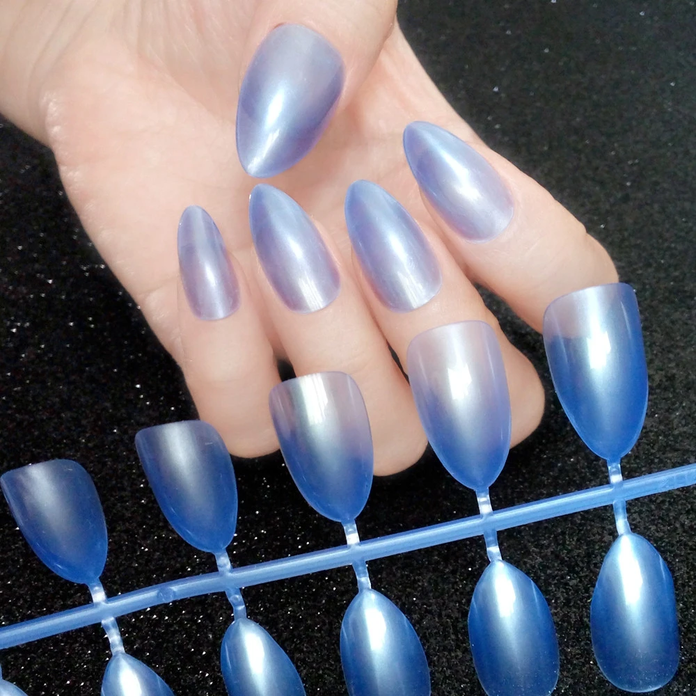 

24 Pcs Shiny Translucent Artificial Fake Nails Clear Blue Short Stiletto False Nails For Design Manicure Tools 714E