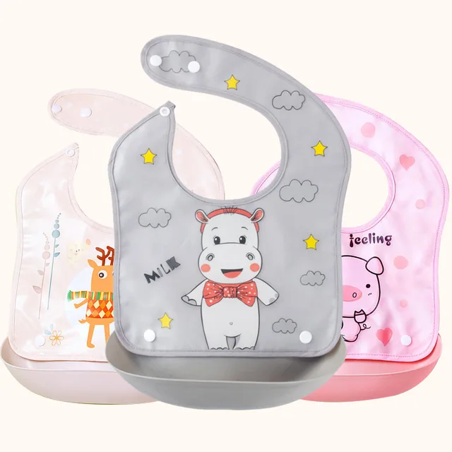 Cartoon Print Baby Bibs Waterproof Soft Silicone Infant Boys Girls Bib Children Burp Cloth Baby Feeding Bibs with Pocket