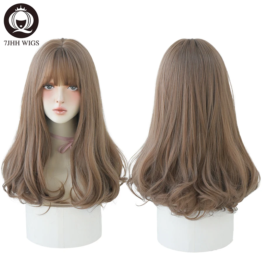 7JHH WIGS Light Brown Wig For Women With Fringe Fashion Heat Resistant Mid-Length Synthetic Wig