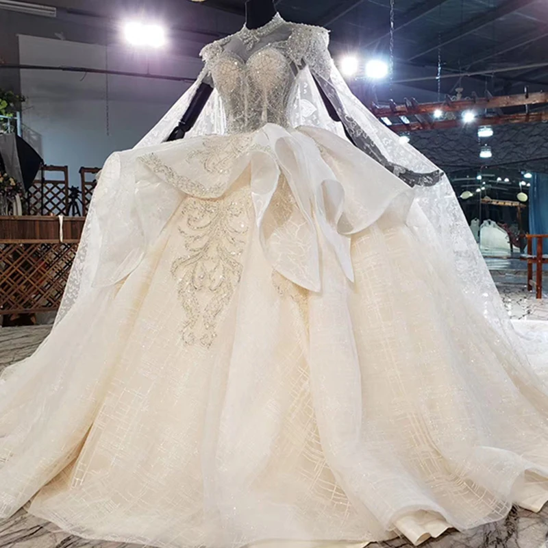 HTL1936 Shawl Yarn Ball-Gown Beaded Crystal Luxury Wedding Dress 2020 Short Cap Sleeve Deep V-Neck Lace Up Back 3