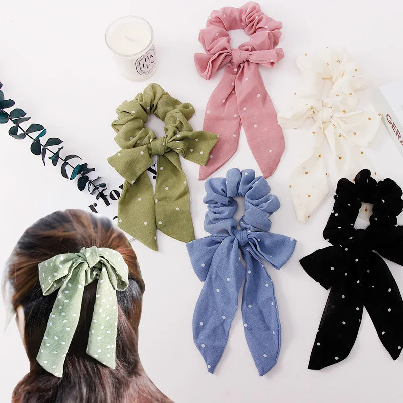 

New Women Elegant Dot Bow Ribbon Yarn Elastic Hair Bands Ponytail Holder Scrunchie Hair Ropes Headband Fashion Hair Accessories