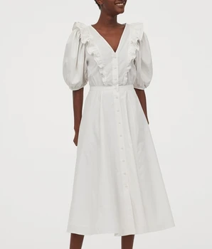 

2020 New Cascading Ruffle European Vintage V-neck A-Line White Long Dress Women Puff Sleeve Elegant Solid Midi Party Dress