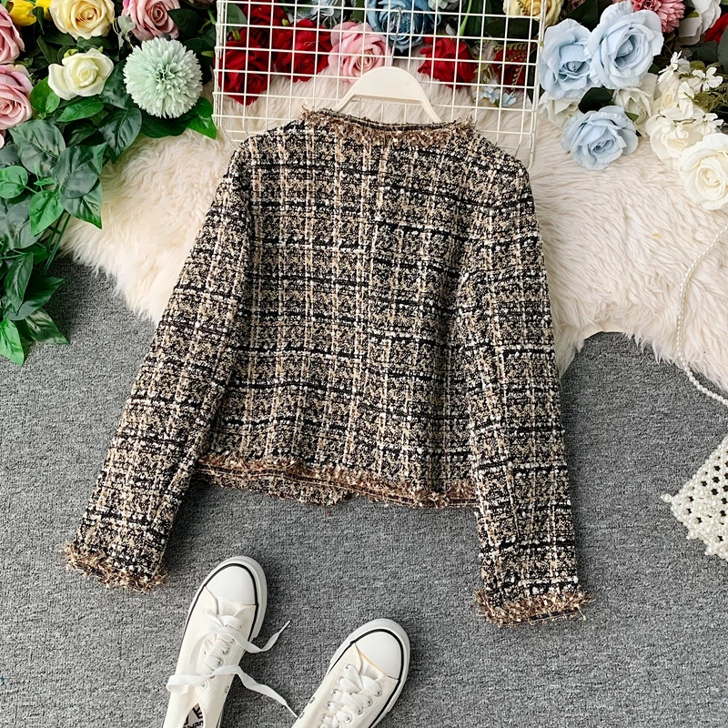 New Autumn Winter Vintage Tweed Jacket Coat Women Small Fragrance Patchwork Korean Woollen Cropped Coats Elegant Short Outerwear