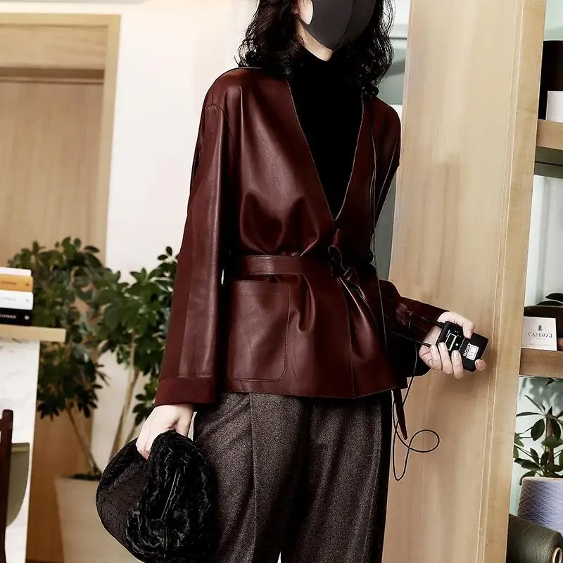 

2022 New Spring Autumn Coat Women's Pu Leather Jacket V Neck Short Chic Elegant Cardigan Outerwear Casaco Feminino With Belt