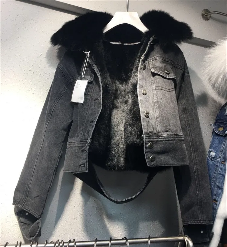 New Loose Women Denim Coat Female Real Rabbit Fur Line Denim Jacket Long Sleeve Jeans Jacket With Fur Parka Outwear Thick