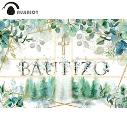Allenjoy Mexican BAUTIZO Backdrop God Bless Cross Rustic Leaves Greenery Baptism Party Banner Decor Poster Background Photo Zone