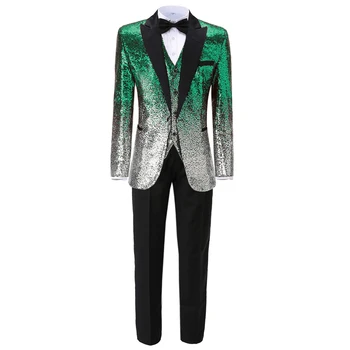 

3 Pieces Shiny Sequin Mens Suit Slim Fit Green Peak Notch Lapel Red Tuxedo for Party Wedding Banquet Nightclub Blazer+Vest+Pant