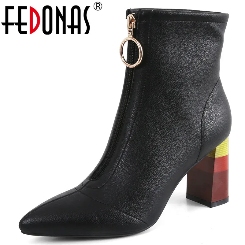 

FEDONAS Classic Winter Warm Chelsea Boots Women Ankle Boots Genuine Leather Mixed Colors High Heels Elegant Dancing Shoes Woman
