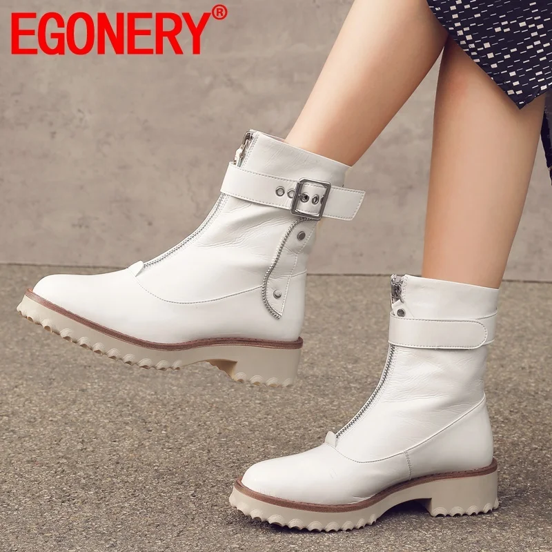 

EGONERY women shoes 2019 winter new fashion round toe genuine leather ankle boots outside front zip mid heels platform shoes
