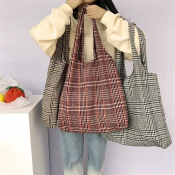 

Wool Blend Tartan Eco Shopping Tote Shoulder Bag Red Gray Brown Vest Shape CYB87