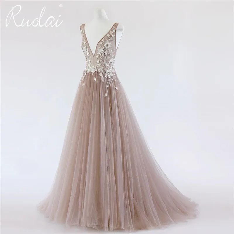 

Elegan Evening Dresses Long V-Neck Applique Flower Beaded Prom Dress 2019 Tulle Evening Gown Party Wear vestidos de fiesta