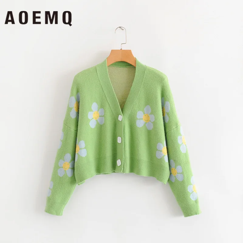AOEMQ, модные зимние свитера, милый светильник, зеленый символ жизни, весенние свитера с цветочным принтом, женские топы, рождественские свитера