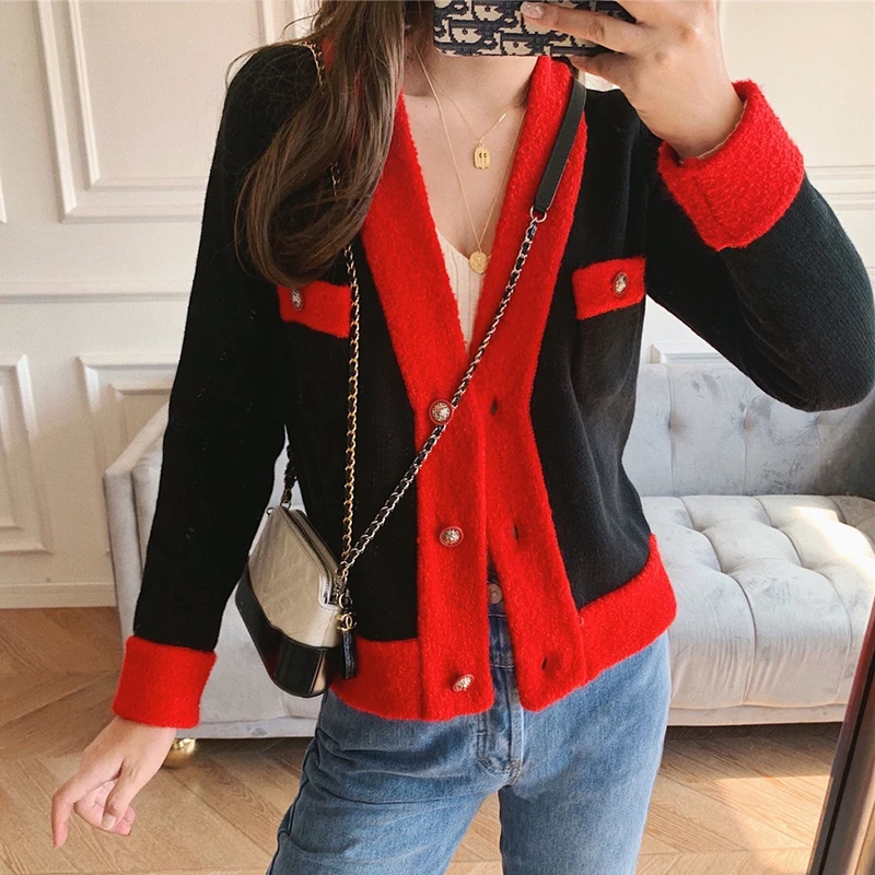 #Special Offers Black Red Cardigan Women Sweater Coat 2019 Fall Winter Hit Color V-Neck Single Breasted Cardigan Short Knitted Sweater Coat #Special Offers Black Red Cardigan Women Sweater Coat 2019 Fall Winter Hit Color V-Neck Single Breasted Cardigan Short Knitted Sweater Coat