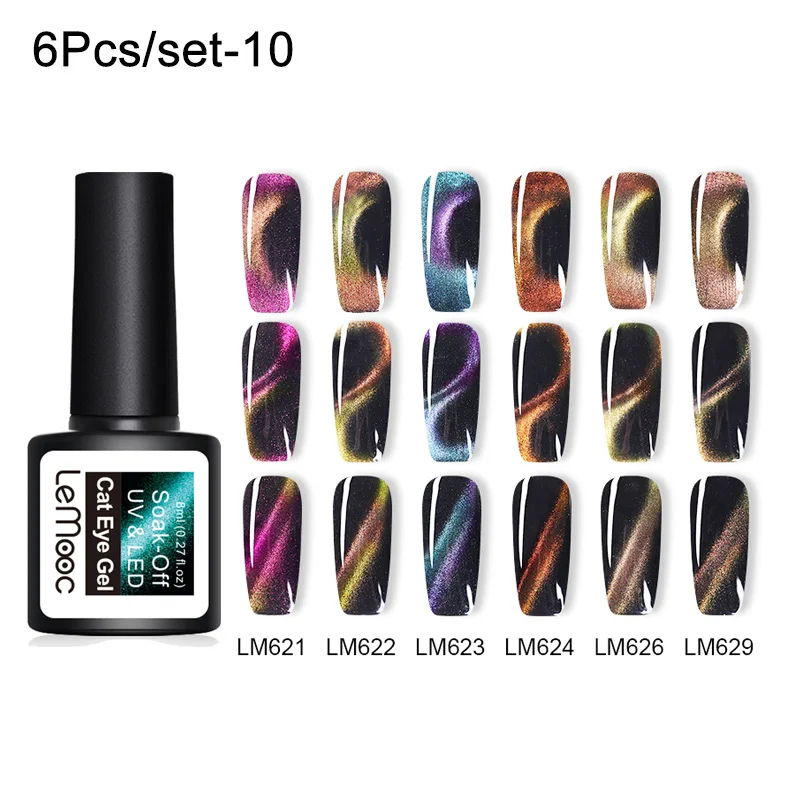 LEMOOC Cat Eye Effect Gel Chameleon Thermal Magnetic Gel Nail Polish Soak Off UV Laser Gel Varnish Black Base Top Coat - Color: set 10