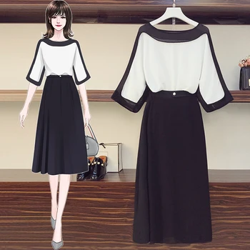 

HAMALIEL XL-5XL Office Ladies Two Piece Set New Summer Women Black White Patchwork Chiffon Loose Tops And Plus Size Skirts Suit