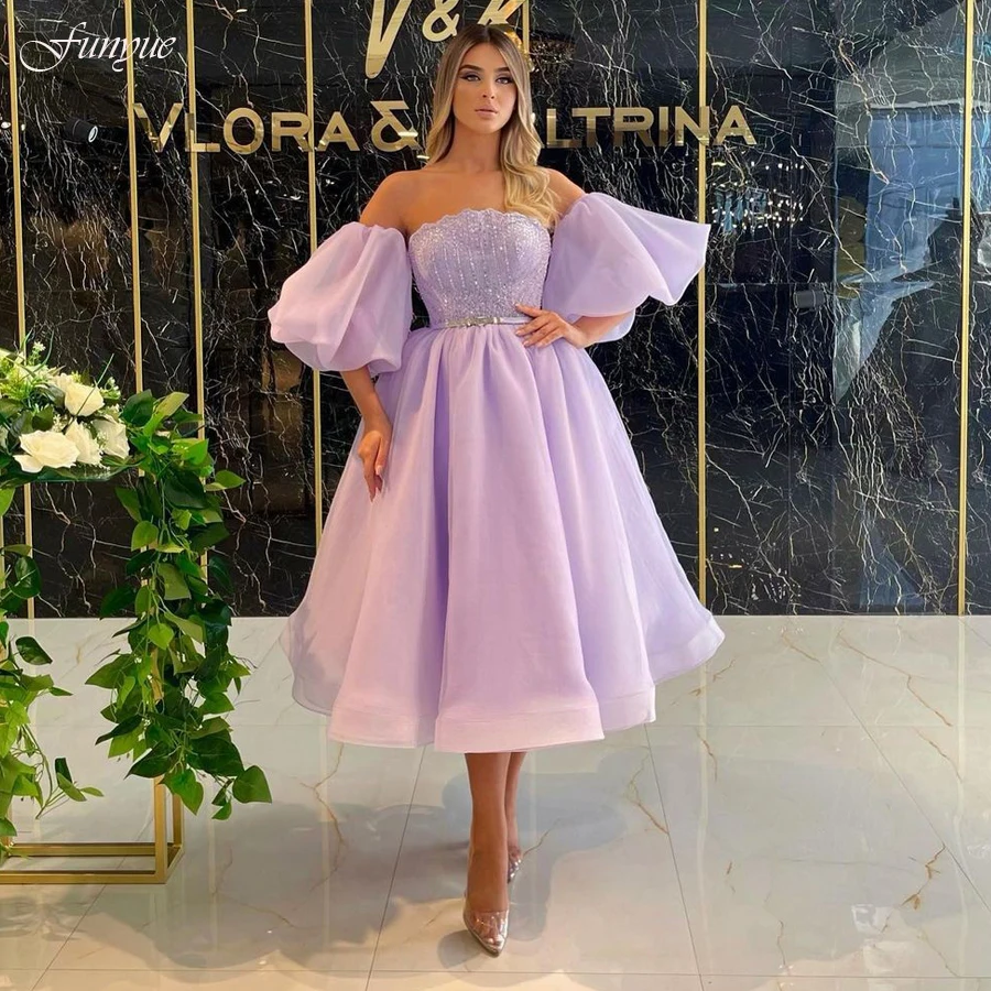 

Funyue Lilac Short Prom Dresses 2023 Off Shoulder Organza A-Line Lace Bodice Puffy Sleeves Tea-Length Evening Formal Party Gowns