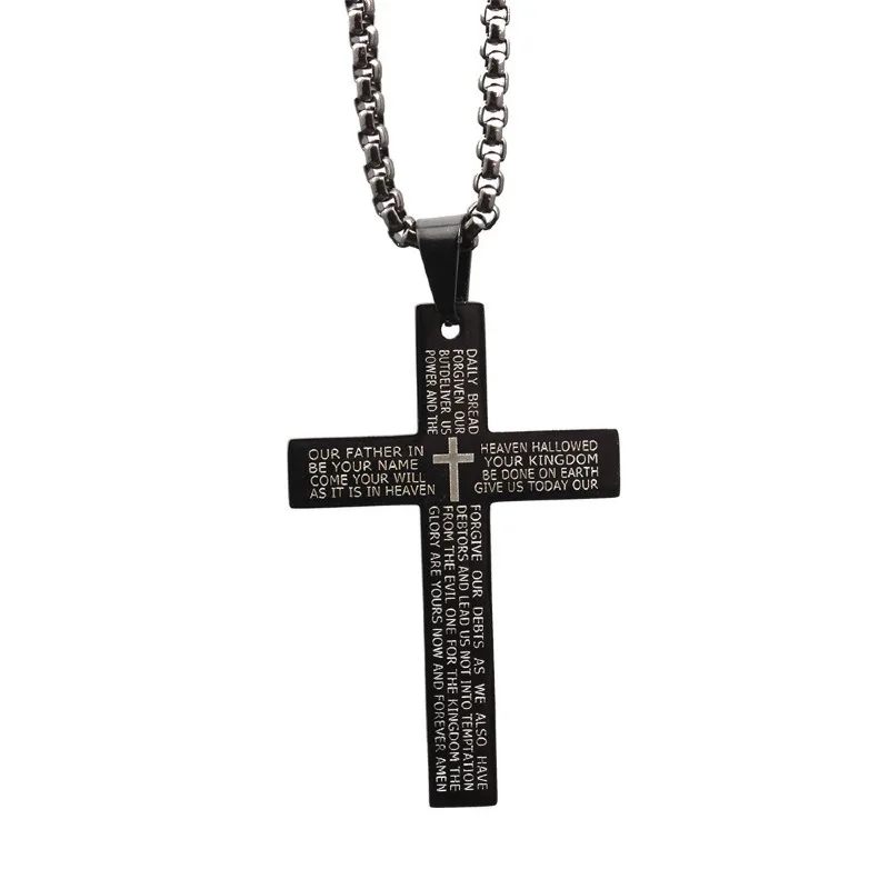 

Retro Christian Jesus Single Titanium Scripture Cross Necklace Stainless Steel Black Prayer Choker Cross Pendants For Men Colar